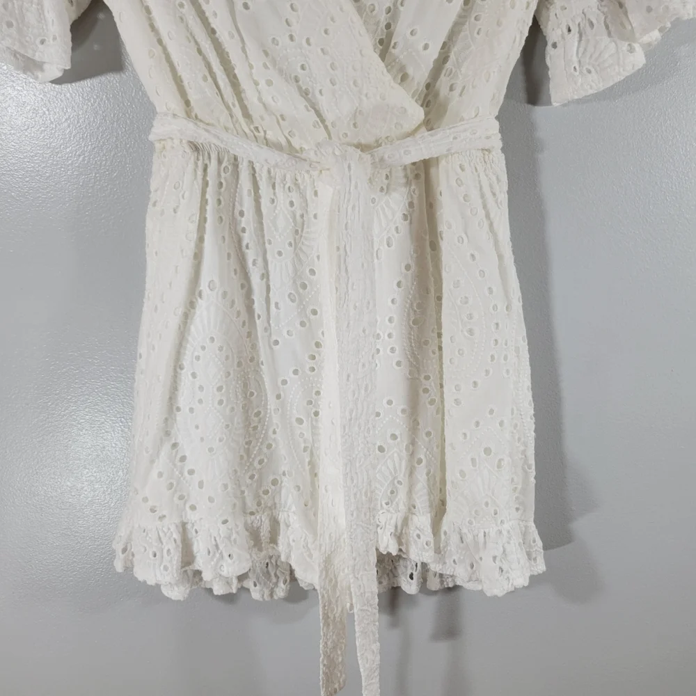 EVERLY white eyelet surplice faux wrap belted cotton ruffle hem romper